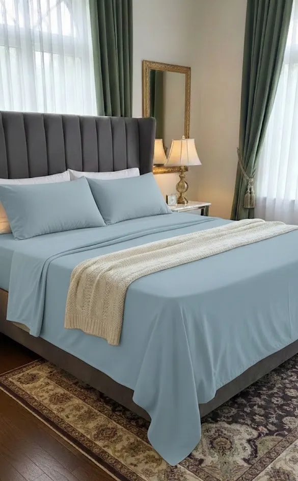  Juego de Sabanas Lisas 100% algodón  orgánico varios colores y tamaños  (Individual, Azul)